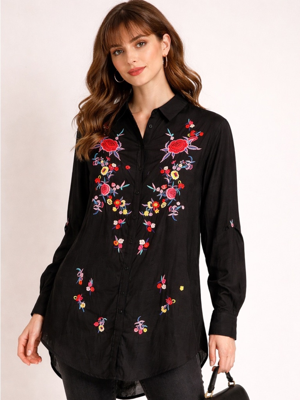 Embroidered Black Floral Button-Up Shirt (as is)